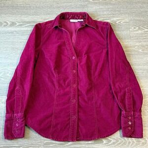 Vintage St Johns Bay Corduroy Button Up Shirt Magenta Womens Small V-Neck Preppy
